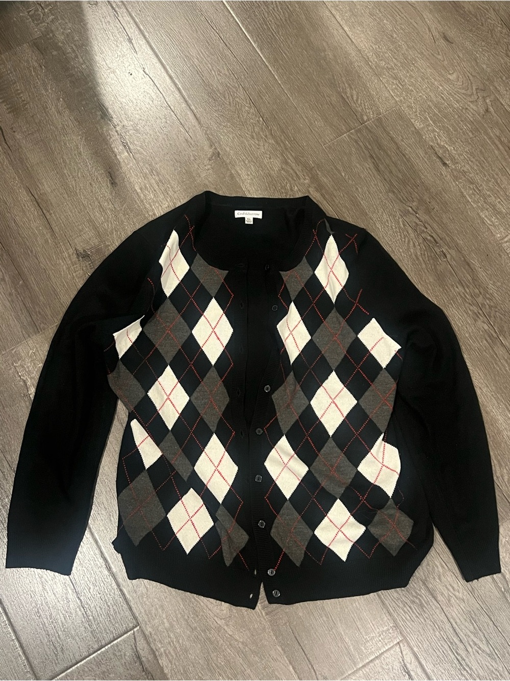 croft & barrow Black Argyle Button-Front Cardigan with Cream & Gray Diamonds